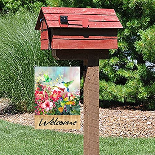 Hummingbird Garden Flag Spring Hibiscus Flower Summer Garden Flags 12x18 Double Sided Welcome Flag Home Outdoor Patio Yard Lawn Decor