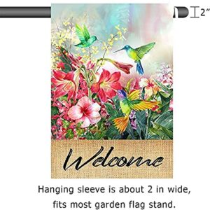 Hummingbird Garden Flag Spring Hibiscus Flower Summer Garden Flags 12x18 Double Sided Welcome Flag Home Outdoor Patio Yard Lawn Decor