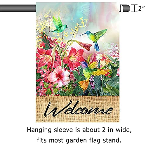 Hummingbird Garden Flag Spring Hibiscus Flower Summer Garden Flags 12x18 Double Sided Welcome Flag Home Outdoor Patio Yard Lawn Decor