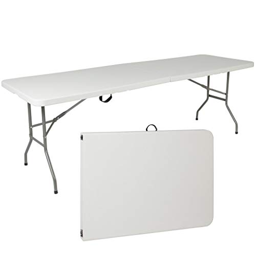 New Home Era Folding Table - Foldable Heavy Duty Plastic Table for Indoor & Outdoor Parties, Picnic, Camping, Wedding BBQ Catering, Garden Dining - Fold-in-Half Portable Utility Table - White - 8ft