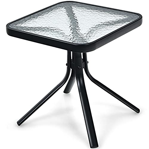 Tangkula Outdoor Bistro Table, Patio Side Table with Tempered Glass Tabletop & Steel Frame, Patio Coffee End Table for Backyard, Lawn, Garden (Black)