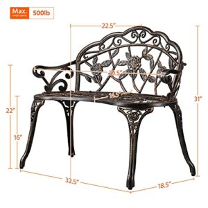 Yaheetech Outdoor Garden Bench Patio Park Bench, Aluminum Floral Rose Accented Antique Metal Bench Loveseat, Outdoor Yard Furniture