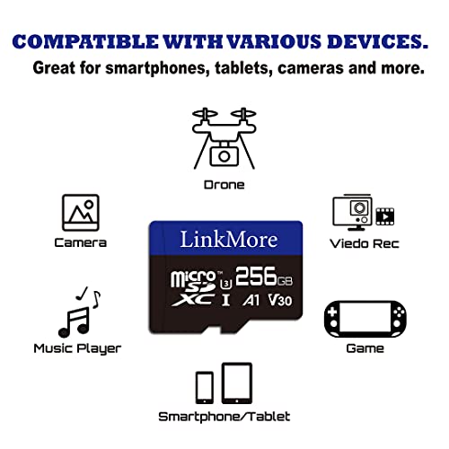 LinkMore 256GB Micro SDXC Card, A1, UHS-I, U3, V30, Class 10 Compatible, Read Speed Up to 100 MB/s,Write Speed Up to 75 MB/s, SD Adapter Included