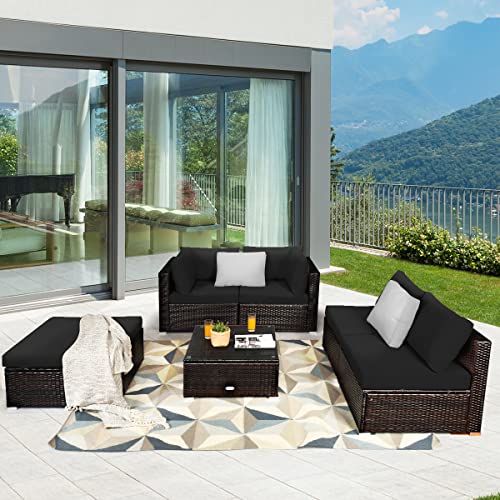 HAPPYGRILL 6 Pieces Patio Conversation Set Outdoor Wicker Furniture Set Rattan Sofa Set with Seat & Back Cushions Coffee Table for Patio Garden Lawn Poolside Backyard