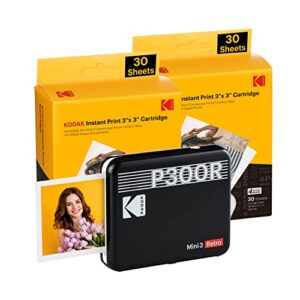 kodak mini 3 retro 4pass portable photo printer (3×3 inches) + 68 sheets bundle, black