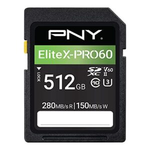 pny 512gb elitex-pro60 uhs-ii sdxc memory card – 280mb/s read, u3, v60, 4k uhd, full hd, uhs-ii for professional photographers & content creators, dslr & mirrorless cameras &advanced video cameras
