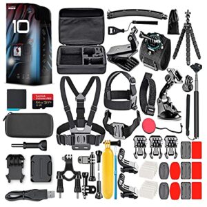 gopro hero10 (hero 10) black – waterproof action camera with front lcd and touch rear screens, gp2 engine, 5k hd video, 23mp photos, live streaming, 64gb card and 50 piece accessory kit – bundle