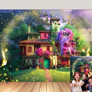 Magic Flowers House Backdrop Fairy Buttfly Woodland Background for Birthday Party Supplies Kids Movie Scene for Girls Madrigal Family Happy Birthday Background Decorations (5X3FT)