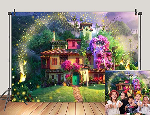 Magic Flowers House Backdrop Fairy Buttfly Woodland Background for Birthday Party Supplies Kids Movie Scene for Girls Madrigal Family Happy Birthday Background Decorations (5X3FT)