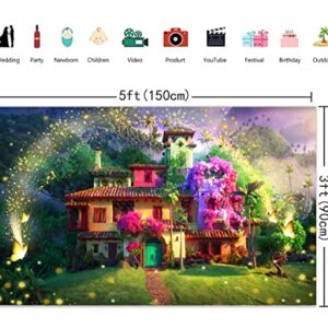 Magic Flowers House Backdrop Fairy Buttfly Woodland Background for Birthday Party Supplies Kids Movie Scene for Girls Madrigal Family Happy Birthday Background Decorations (5X3FT)