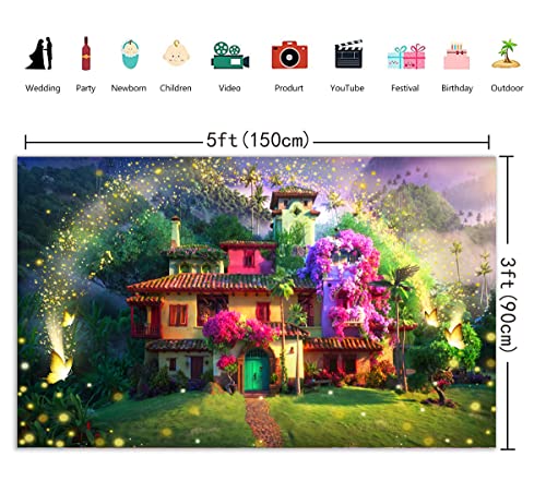 Magic Flowers House Backdrop Fairy Buttfly Woodland Background for Birthday Party Supplies Kids Movie Scene for Girls Madrigal Family Happy Birthday Background Decorations (5X3FT)