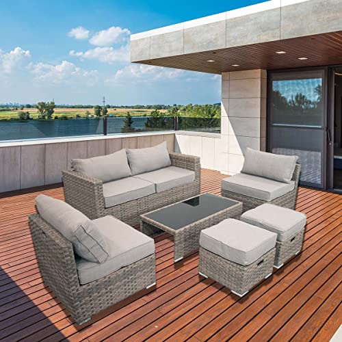 Blue Sky Outdoor Living Blue Sky Sheffield 6-Piece Aluminum Conversation Set, All-Weather Resin Wicker Outdoor Furniture, Brown/Grey for Patio, Lawn, Garden, or Poolside