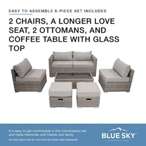 Blue Sky Outdoor Living Blue Sky Sheffield 6-Piece Aluminum Conversation Set, All-Weather Resin Wicker Outdoor Furniture, Brown/Grey for Patio, Lawn, Garden, or Poolside