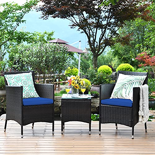 Tangkula Patio Furniture Set 3 Piece, Outdoor Wicker Rattan Conversation Set with Coffee Table, Chairs & Thick Cushions, Suitable for Patio Garden Lawn Backyard Pool (Navy)