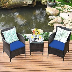 Tangkula Patio Furniture Set 3 Piece, Outdoor Wicker Rattan Conversation Set with Coffee Table, Chairs & Thick Cushions, Suitable for Patio Garden Lawn Backyard Pool (Navy)