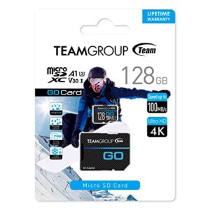 TEAMGROUP GO Card 128GB Micro SDXC UHS-I U3 V30 4K for GoPro & Drone & Action Cameras High Speed Flash Memory Card with Adapter for Outdoor, Sports, 4K Shooting, Nintendo-Switch TGUSDX128GU303