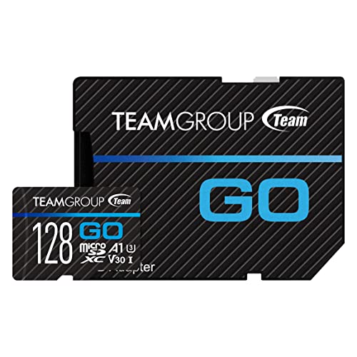 TEAMGROUP GO Card 128GB Micro SDXC UHS-I U3 V30 4K for GoPro & Drone & Action Cameras High Speed Flash Memory Card with Adapter for Outdoor, Sports, 4K Shooting, Nintendo-Switch TGUSDX128GU303