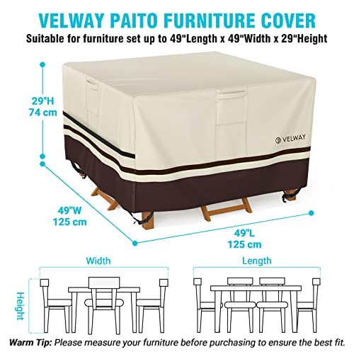 Velway Patio Furniture Covers Waterproof Outdoor Square Table and Chair Set Cover with Seam Taped, 49"Lx49"Wx29"H Tear-Resistant Windproof Cover with Air Vents & Adjustable Fasteners, Beige/Brown