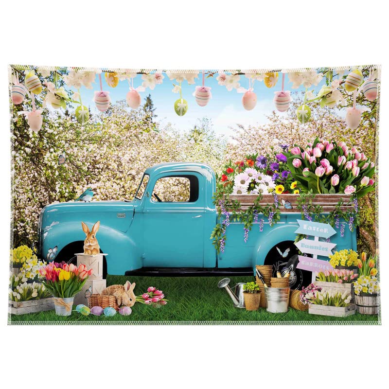 ZTHMOE 7x5ft Fabric Spring Easter Photography Backdrop Blue Truck Colorful Eggs Flowers Rabbit Background Tulip Floral Forest Photo Tapestry Booth Props