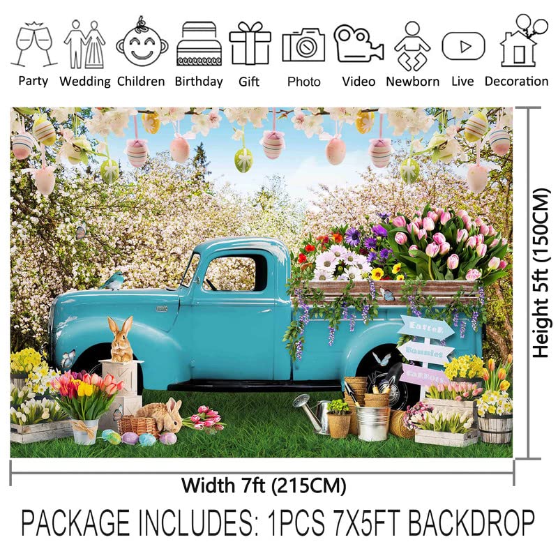 ZTHMOE 7x5ft Fabric Spring Easter Photography Backdrop Blue Truck Colorful Eggs Flowers Rabbit Background Tulip Floral Forest Photo Tapestry Booth Props