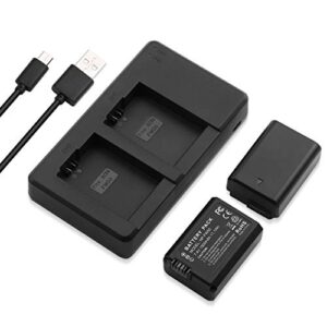 np-fw50 battery 2 packs 1500mah rechargable li-ion batteries and dual charger for sony a6500, a6400, a6300, a6000, a7, a7ii, a7rii, a7sii, a7s, a7s2, a7r, a7r2, a55, a5100, rx10, rx10ii