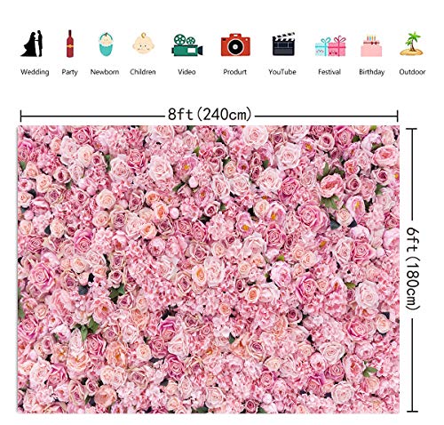 BINQOO 8x6ft Mother's Day Pink Flowers Backdrops Spring Pink Rose Wall Background Girls Women Birthday Tea Party Backdrop Weeding Bridal Shower Anniversary Ceremony Decor