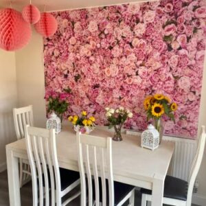 BINQOO 8x6ft Mother's Day Pink Flowers Backdrops Spring Pink Rose Wall Background Girls Women Birthday Tea Party Backdrop Weeding Bridal Shower Anniversary Ceremony Decor