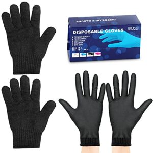 bbq gloves kit 100 ct nitrile gloves and 2 cotton glove liners disposable glove kit with washable heat resistant liner reusable oven mitts with replaceable covers for grilling cooking gloves, black