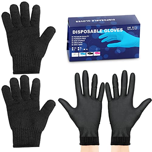 BBQ Gloves Kit 100 Ct Nitrile Gloves and 2 Cotton Glove Liners Disposable Glove Kit with Washable Heat Resistant Liner Reusable Oven Mitts with Replaceable Covers for Grilling Cooking Gloves, Black