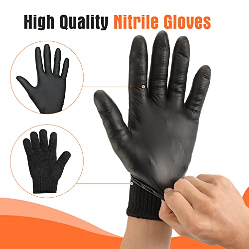 BBQ Gloves Kit 100 Ct Nitrile Gloves and 2 Cotton Glove Liners Disposable Glove Kit with Washable Heat Resistant Liner Reusable Oven Mitts with Replaceable Covers for Grilling Cooking Gloves, Black