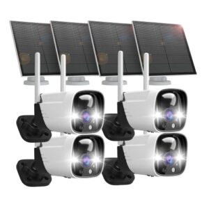 4 pack security cameras wireless outdoor solar powered with ai detection, 2k color night vision security camera with 2 way audio, work with alexa, no monthly fee, spotlight & siren, ip65 waterproof