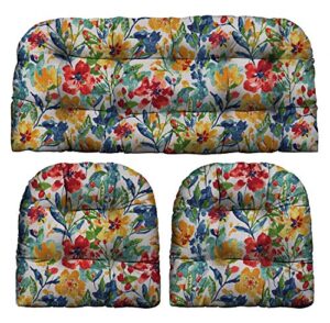 rsh décor indoor outdoor 3 piece tufted wicker cushion set 1 loveseat & 2 u-shape-choose color & size (oakmont hightown festival red blue yellow floral, 41″x19″, 19″x19″)