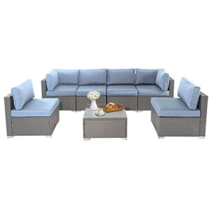 solaura 7-piece outdoor patio furniture set, gray wicker conversation furniture modular sectional sofa set with ykk zipper &coffee table – sky blue