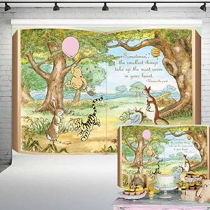 Classic Winnie Bear Giant Book Backdrop Vintage Pooh Hundred Acre Wood Background with Pink Balloon Girls Baby Shower Birthday Party Decorations 7x5 ft 119