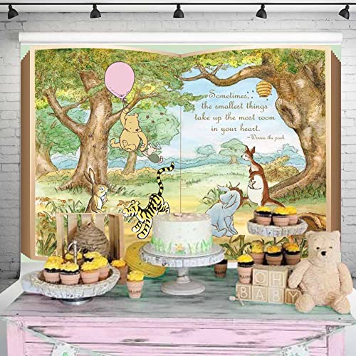 Classic Winnie Bear Giant Book Backdrop Vintage Pooh Hundred Acre Wood Background with Pink Balloon Girls Baby Shower Birthday Party Decorations 7x5 ft 119