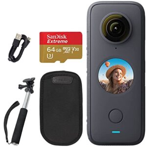 insta360 one x2 waterproof action pocket camera + sandisk 64gb extreme memory card + handheld monopod (extends to 43in) – great starter bundle!, 5.7k