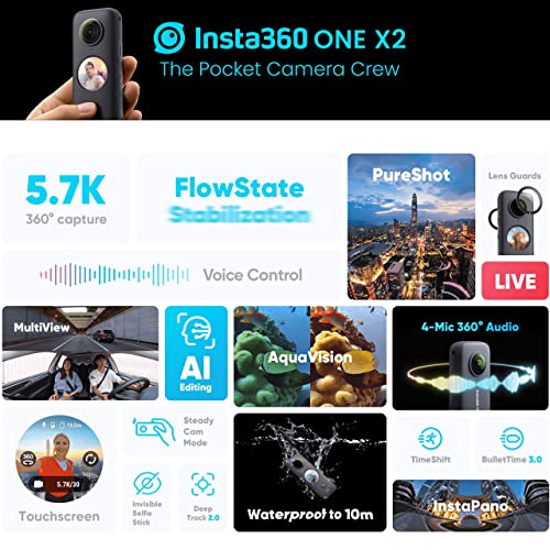 insta360 ONE X2 Waterproof Action Pocket Camera + SanDisk 64GB Extreme Memory Card + Handheld Monopod (extends to 43in) - Great Starter Bundle!, 5.7K