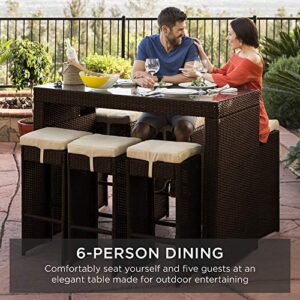 Best Choice Products 7-Piece Outdoor Wicker Bar Dining Set, Rattan Patio Furniture for Backyard, Garden w/Glass Table Top, 6 Stools, Removable Cushions - Brown/Beige