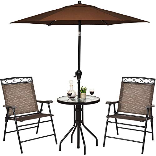 S AFSTAR 3-Piece Bistro Set, Patio Dining Furniture Set, Round Textured Glass Tabletop w/Umbrella Hole, Outdoor Conversation Set for Backyard Garden Poolside