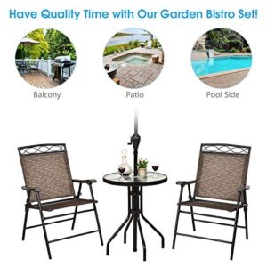 S AFSTAR 3-Piece Bistro Set, Patio Dining Furniture Set, Round Textured Glass Tabletop w/Umbrella Hole, Outdoor Conversation Set for Backyard Garden Poolside