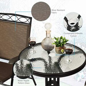 S AFSTAR 3-Piece Bistro Set, Patio Dining Furniture Set, Round Textured Glass Tabletop w/Umbrella Hole, Outdoor Conversation Set for Backyard Garden Poolside