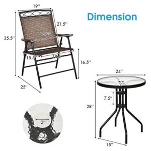 S AFSTAR 3-Piece Bistro Set, Patio Dining Furniture Set, Round Textured Glass Tabletop w/Umbrella Hole, Outdoor Conversation Set for Backyard Garden Poolside