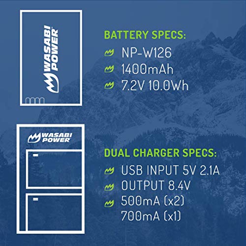 Wasabi Power NP-W126, NP-W126S Battery (2-Pack) Micro USB Dual Charger for Fuji X-T100, X-T200, X100F, X100V, X-S10, X-A5, X-A10, X-E4, X-Pro2, X-Pro3, X-T1, X-T2, X-T3, X-T10, X-T20, X-T30, X-T30 II