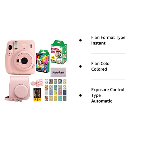 Fujifilm Instax Mini 11 Instant Camera - Blush Pink (16654774) + Fujifilm Instax Mini Twin Pack Instant Film (16437396) + Single Pack Rainbow Film + Case + Travel Stickers