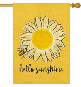 yameeta hello sunshine yellow house flag 28×40 inch spring summer sunflower bee vertical double sided burlap large outdoor flags for garden yard lawn home seasonal quotes holiday farmhouse decoration