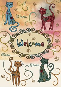 toland home garden 112622 meow welcome cat flag 12×18 inch double sided cat garden flag for outdoor house kittens flag yard decoration