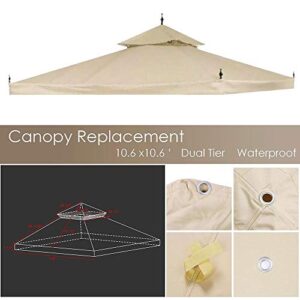 10x10 Ft Waterproof 2-tier Gazebo Canopy Top Replacement Beige Outdoor Garden Structures Yard Patio Cover w/ Mosquito Netting & 16 Grommets for Durable UV Blocking