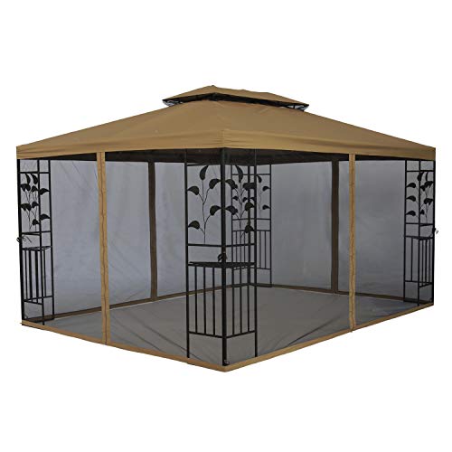 SUNA OUTDOOR 10x13 Ft Outdoor Gazebo Steel Frame Two-Tiered Top Canopy, Leaf Screen Decor Gazebo with Adjustable Netting for Garden Backyard, Beige