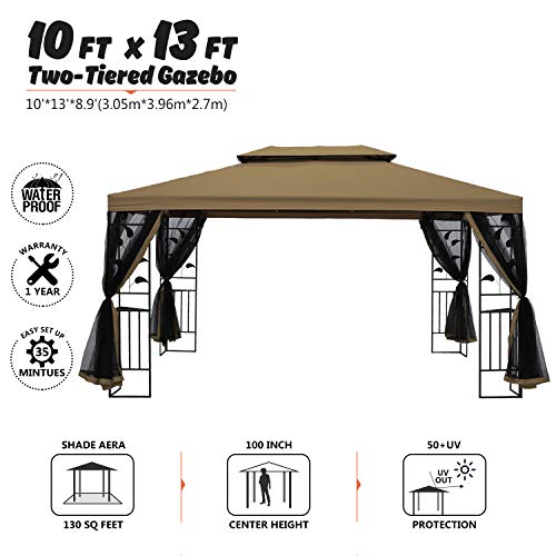 SUNA OUTDOOR 10x13 Ft Outdoor Gazebo Steel Frame Two-Tiered Top Canopy, Leaf Screen Decor Gazebo with Adjustable Netting for Garden Backyard, Beige