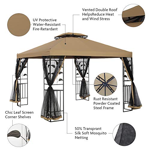 SUNA OUTDOOR 10x13 Ft Outdoor Gazebo Steel Frame Two-Tiered Top Canopy, Leaf Screen Decor Gazebo with Adjustable Netting for Garden Backyard, Beige